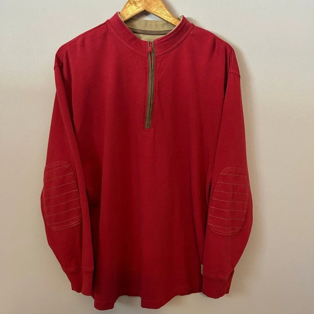 Orvis Sweatshirt Mens L Red 1/4 Zip‎ Pullover Long Sleeve Casual Elbow Patches
